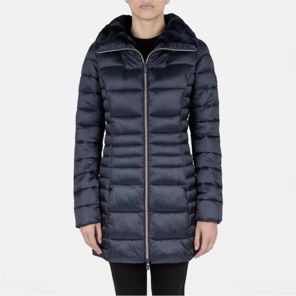 Save The Duck Caroline Satin Puffer Jacket in Navy Size 0-XS